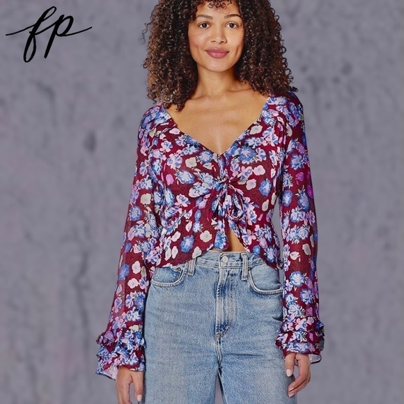 FREE PEOPLE NWT Maybel Tie Front Long Bell Sleeve Semi-Sheer Ruffle Blouse/Md - Picture 3 of 16